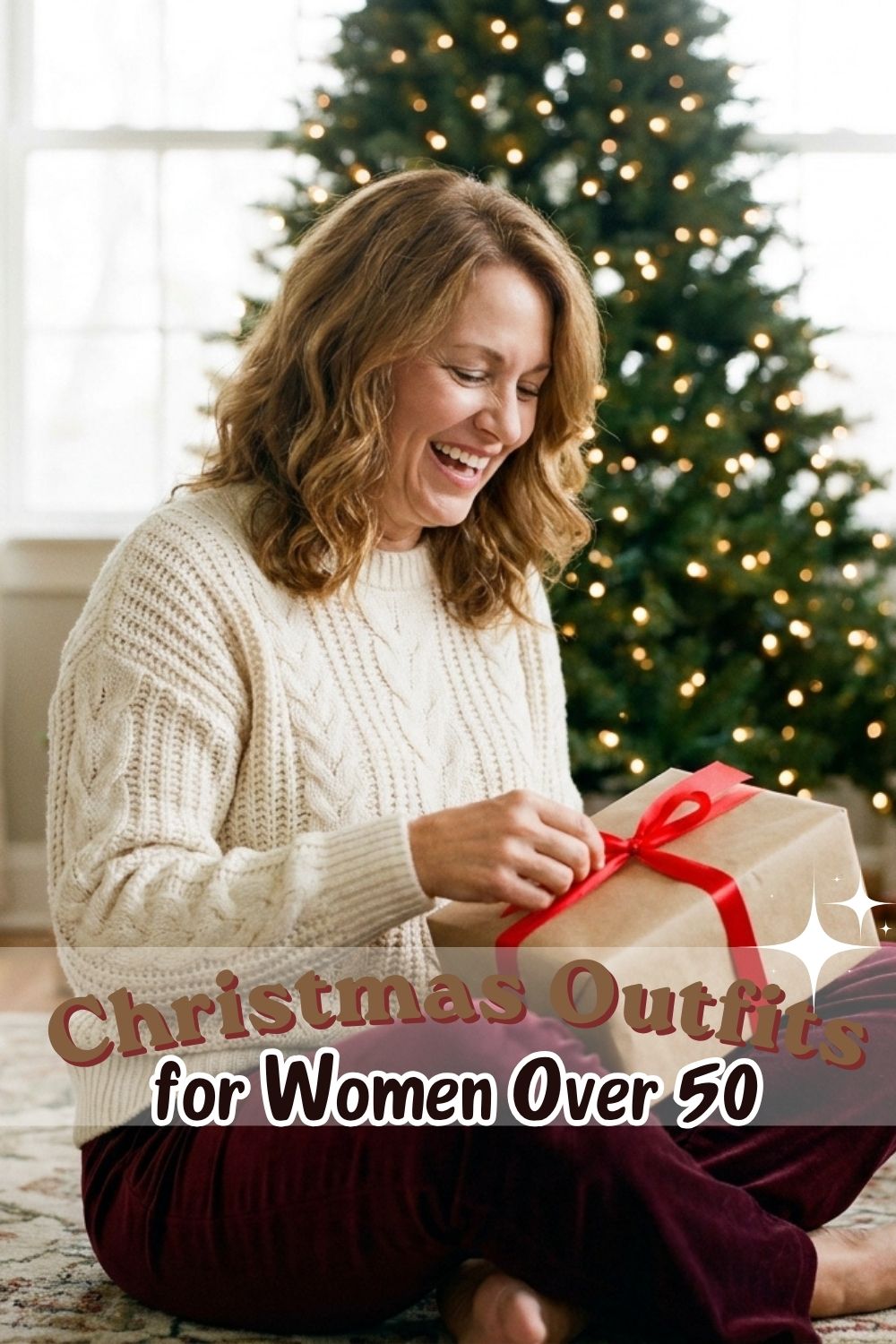 Pinterest pin showing a woman in a cream cable-knit sweater and burgundy velvet pants by a Christmas tree with the text Christmas Outfits for Women Over 50.