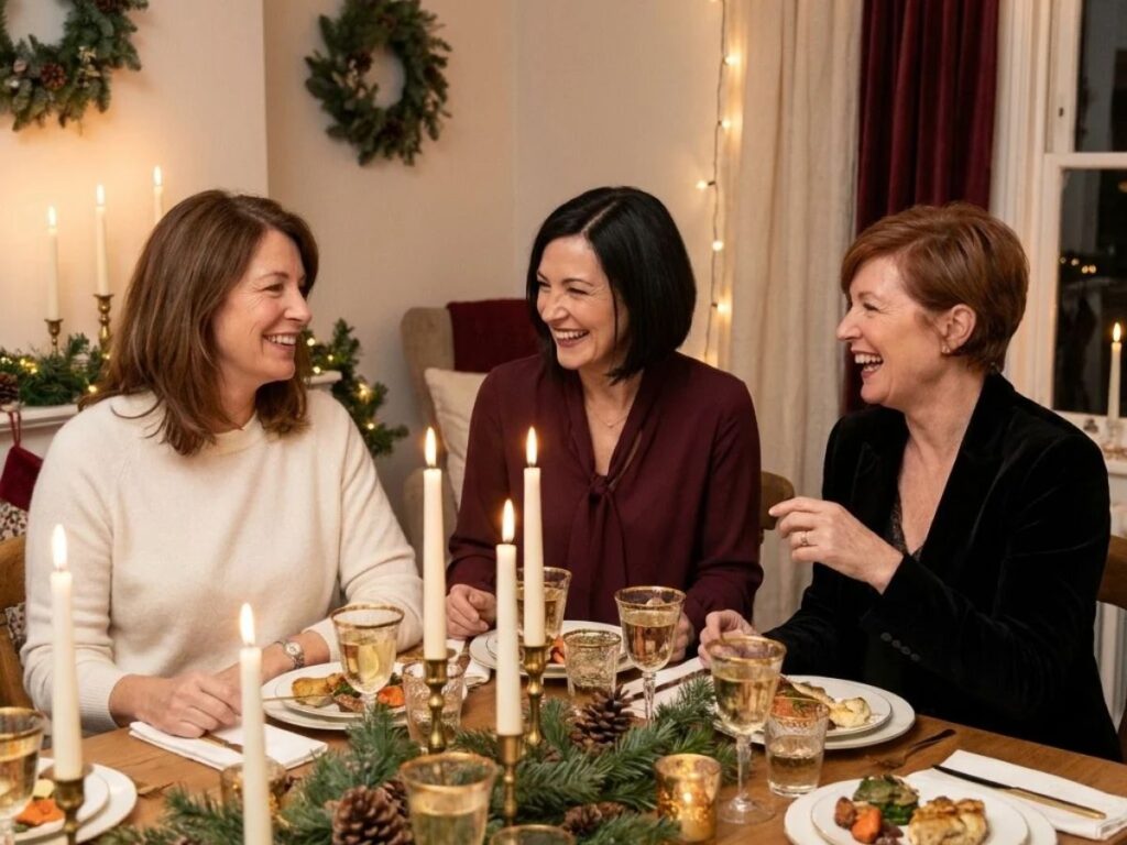 Three women in their 50s in velvet, satin and knit party outfits laughing around a candlelit holiday dinner table.