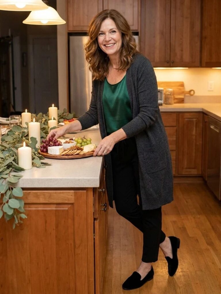 Woman in her 50s in black ponte pants, an emerald satin shell and a long open cardigan arranging appetizers in her kitchen.