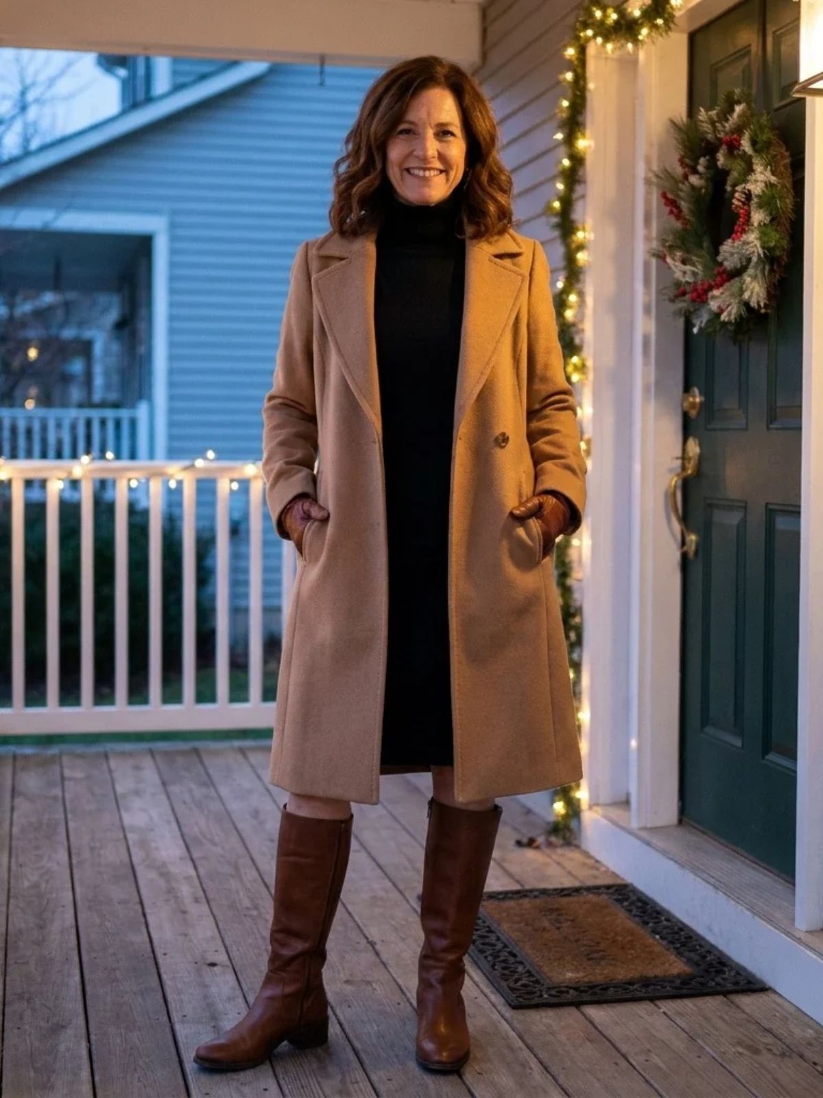 Woman in her 50s in a long camel coat over a black turtleneck sweater dress and knee-high boots on a porch with Christmas lights.