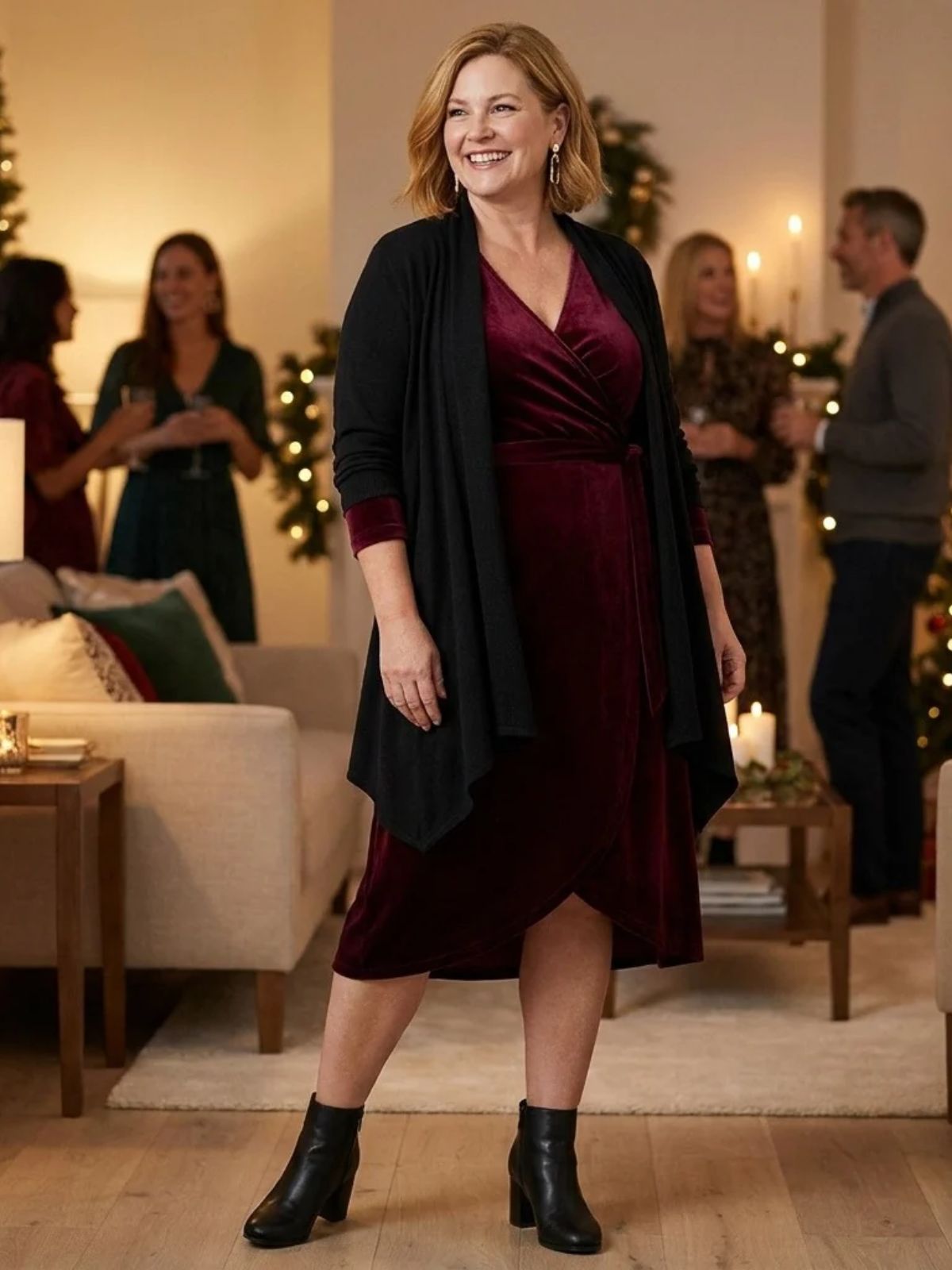  Plus-size woman in her 50s in a burgundy stretch velvet wrap dress and a long open black cardigan at a holiday gathering.