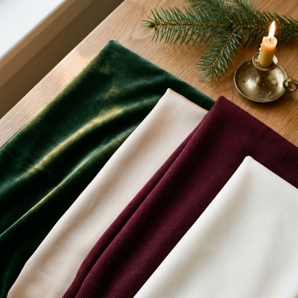  Close-up of folded velvet, satin and fine cashmere fabrics in forest green, burgundy and champagne on a wooden table.