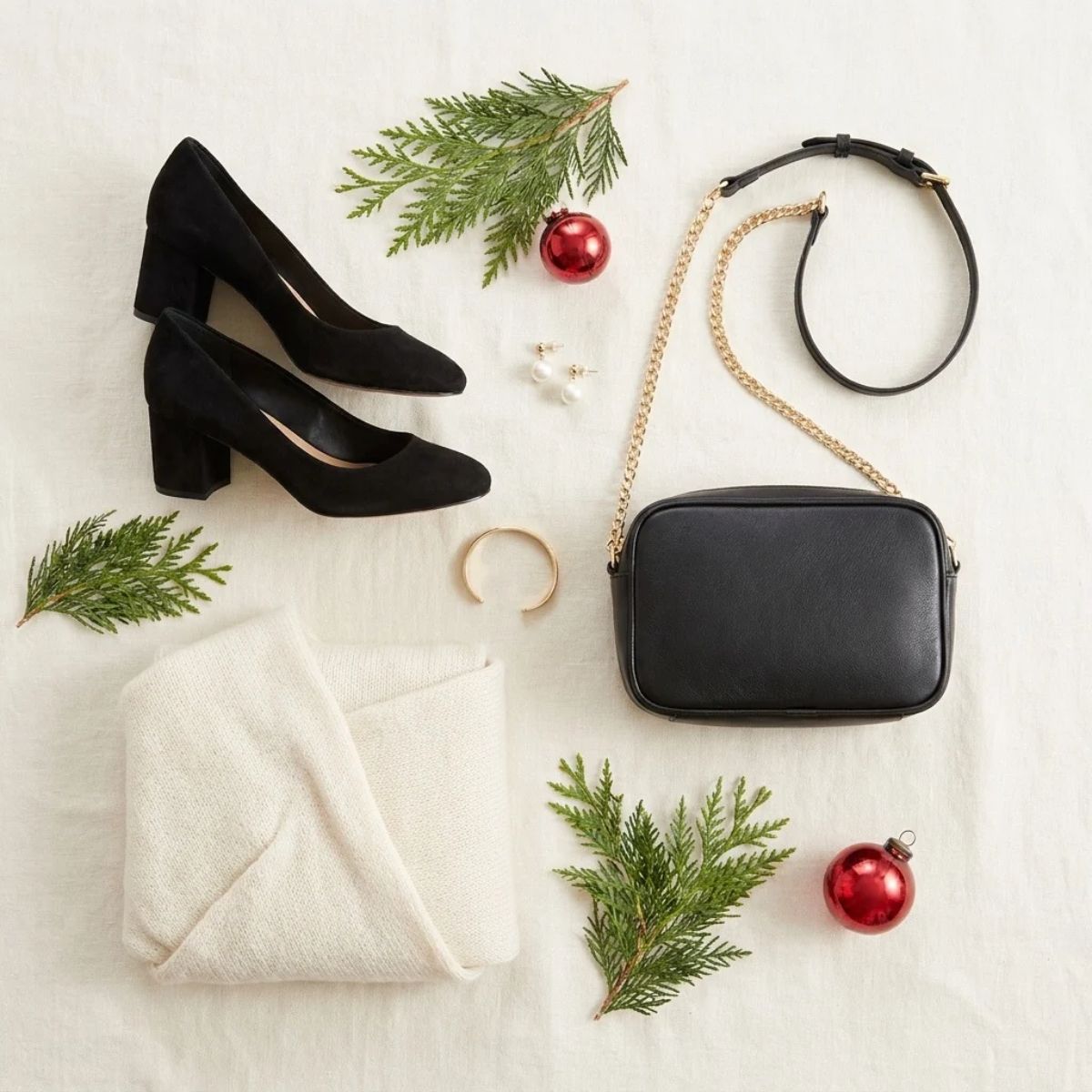  Flat lay of black block-heel pumps, a small gold crossbody bag, pearl stud earrings and a cream knit wrap.