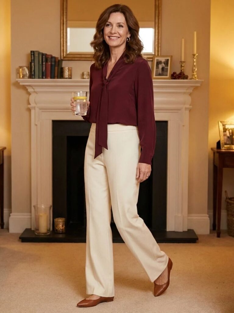  Woman in her 50s in a burgundy tie-neck blouse and cream wide-leg trousers holding a glass of sparkling water in a warmly lit living room.