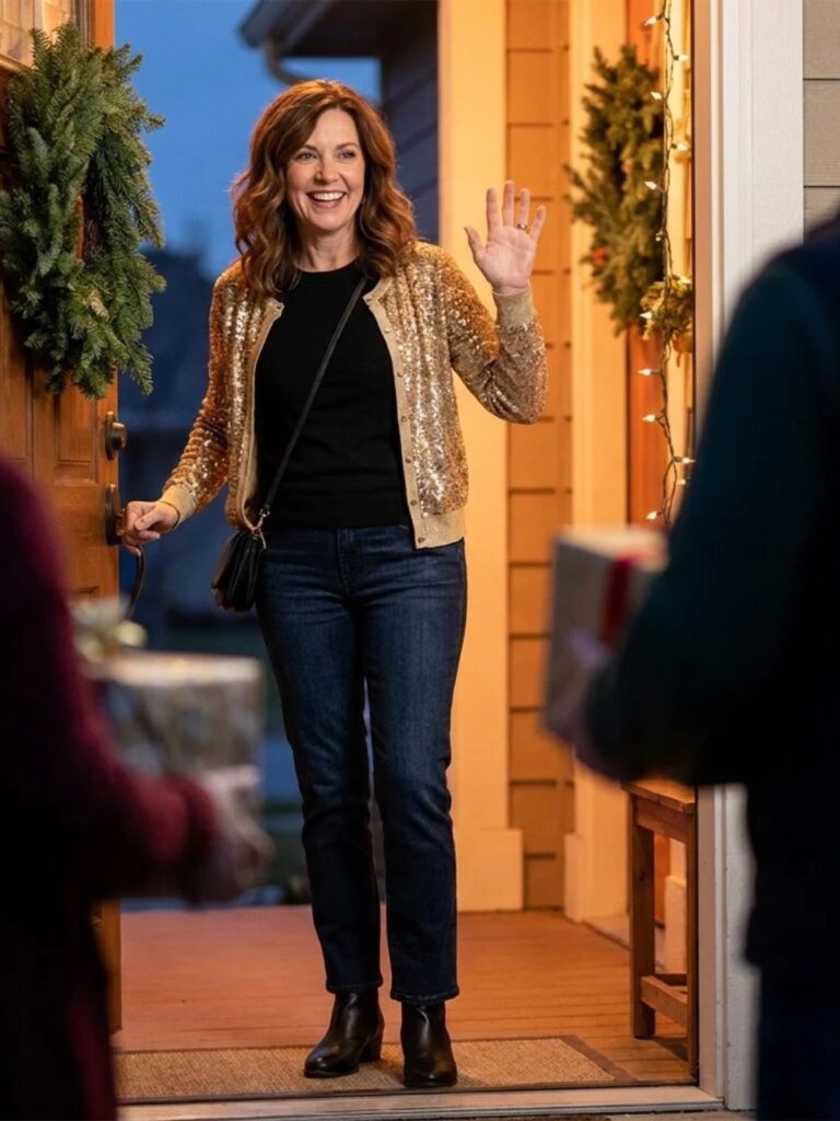 Woman in her 50s in a gold sequin cardigan, black knit tank and dark straight-leg jeans greeting friends at a decorated front door.
