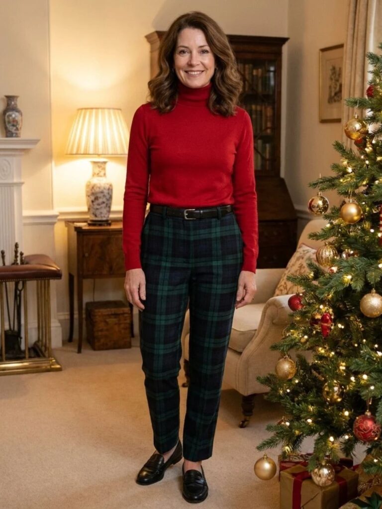 Woman in her 50s in a red merino turtleneck and green and navy tartan straight-leg trousers beside a Christmas tree.
