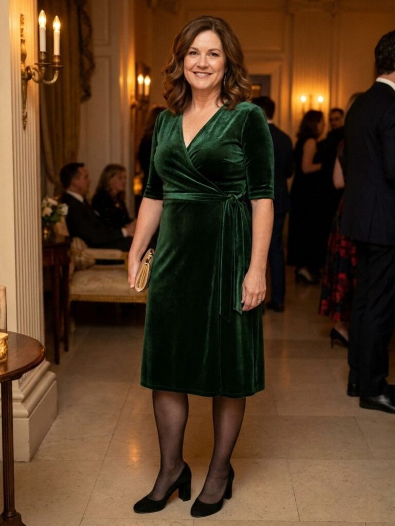 Woman in her 50s in a forest-green velvet wrap dress with elbow sleeves and black suede block-heel pumps in a candlelit room.