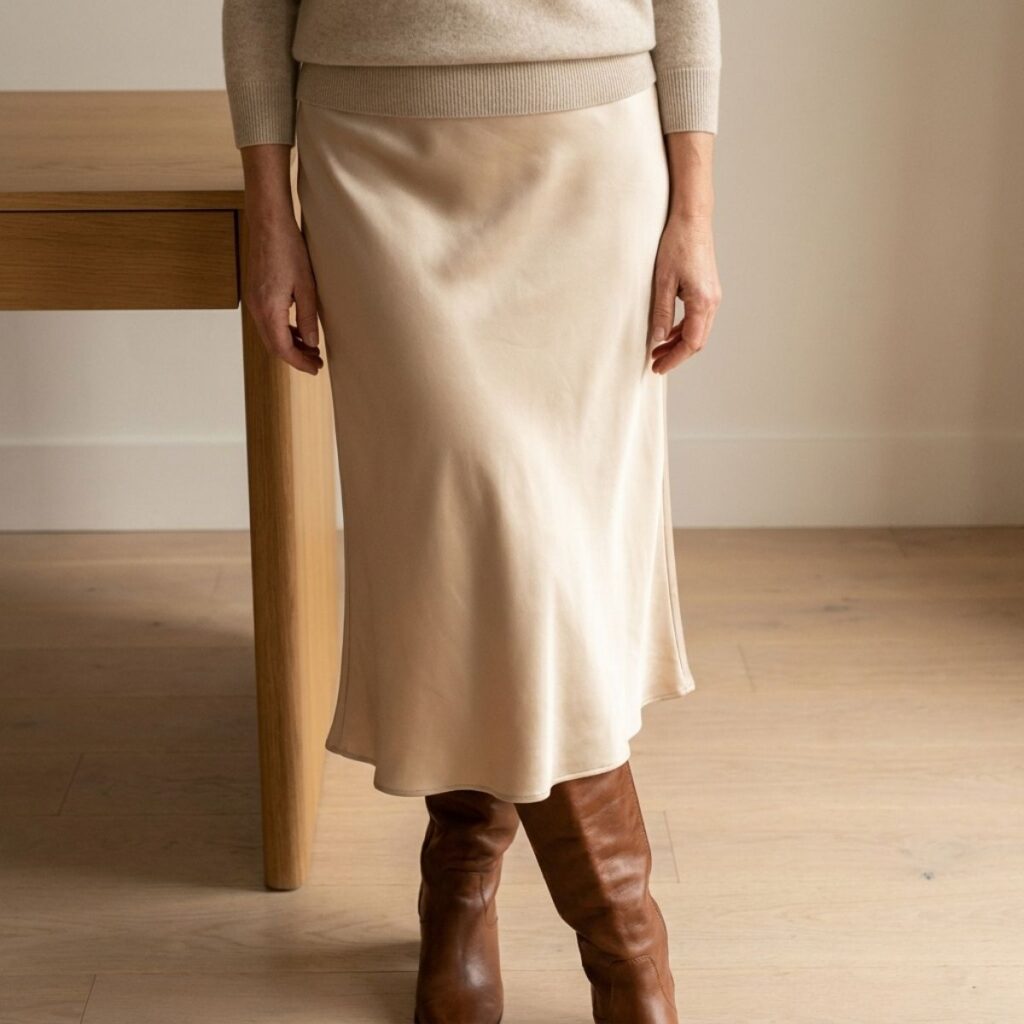 Close-up of a champagne satin midi skirt with a tucked oatmeal sweater and knee-high boots