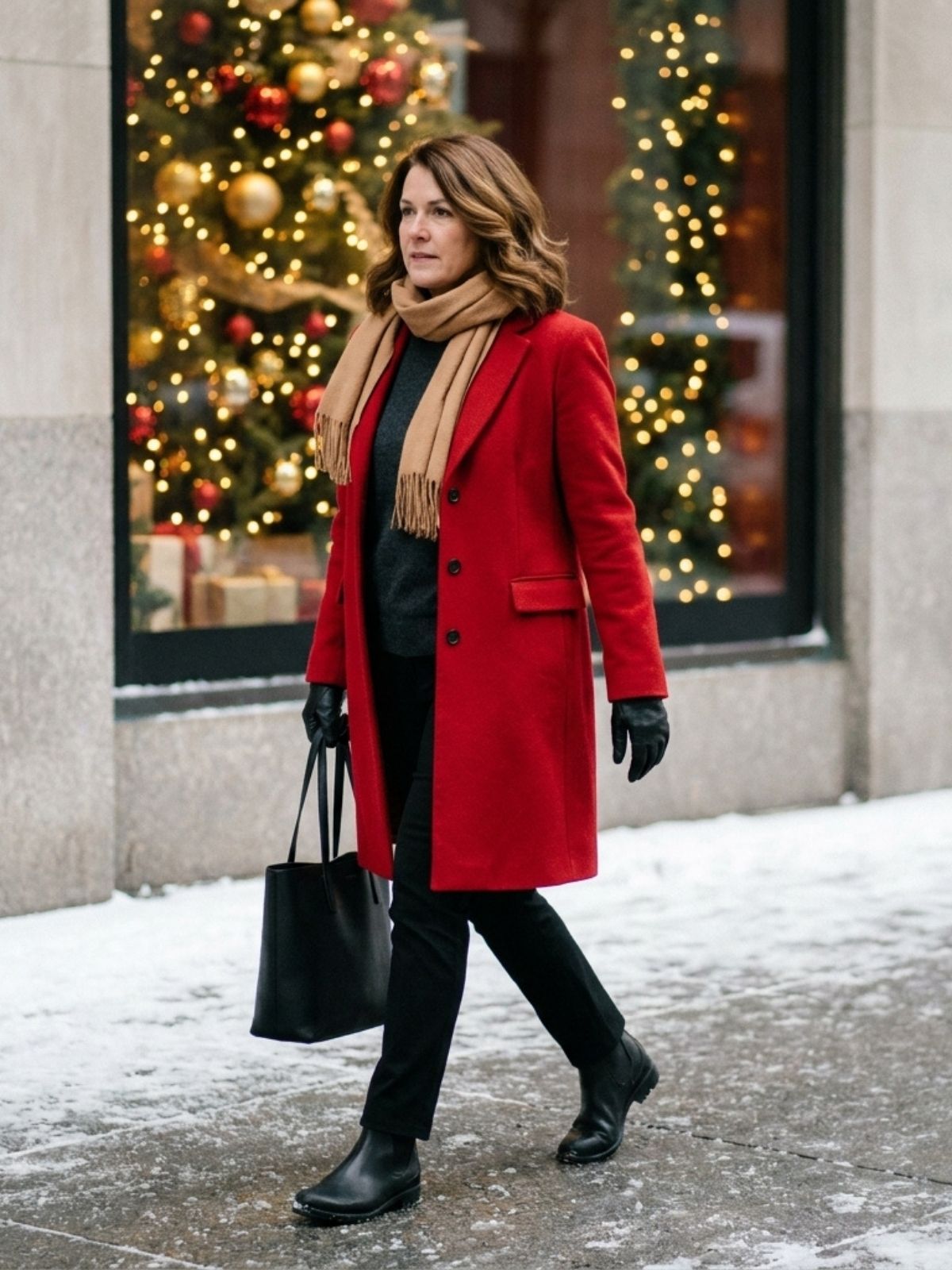 Woman in a red knee-length wool coat over a charcoal sweater and black trousers on a snowy sidewalk