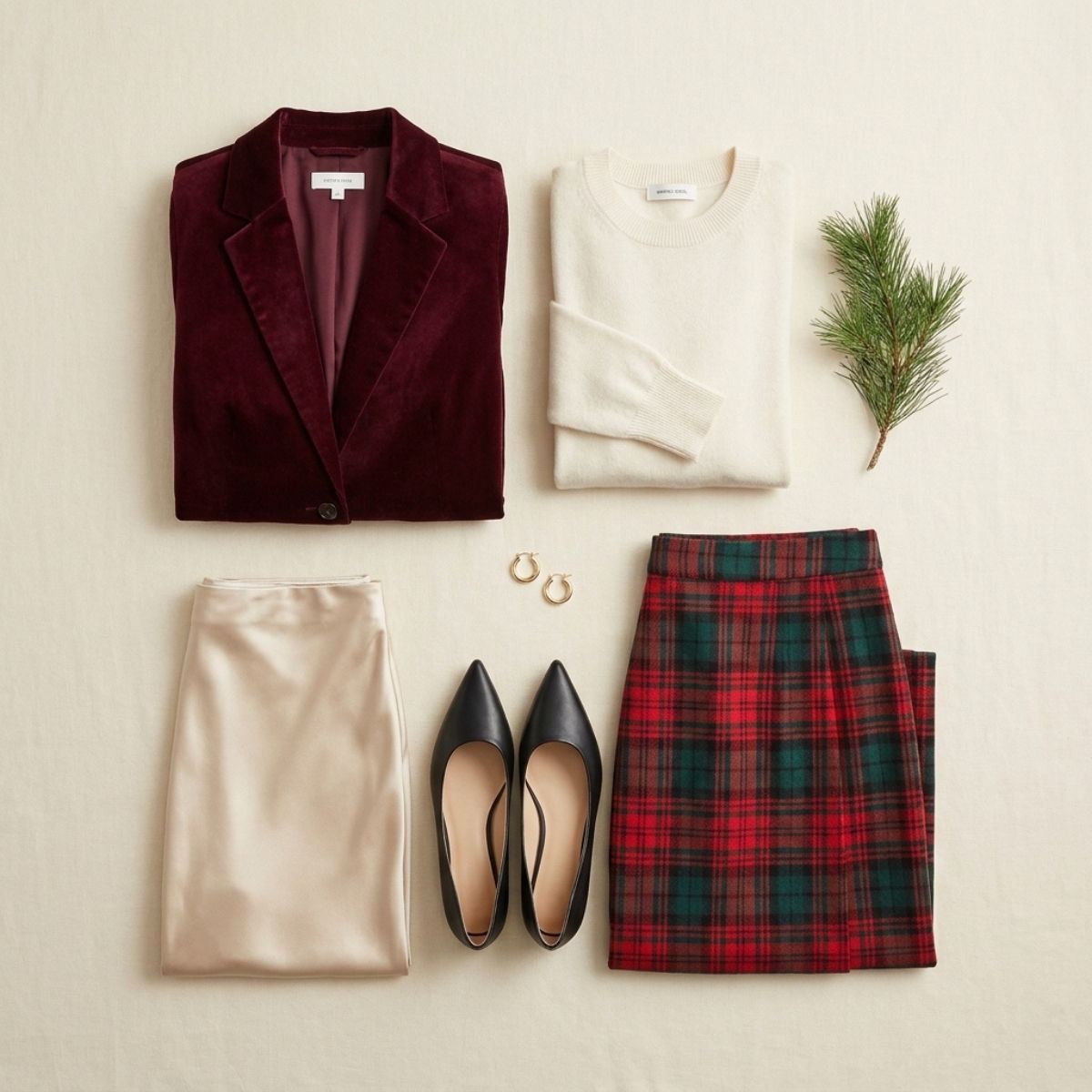 Flat lay of burgundy velvet, a cream merino sweater, a red tartan wool skirt, a champagne satin skirt and gold earrings