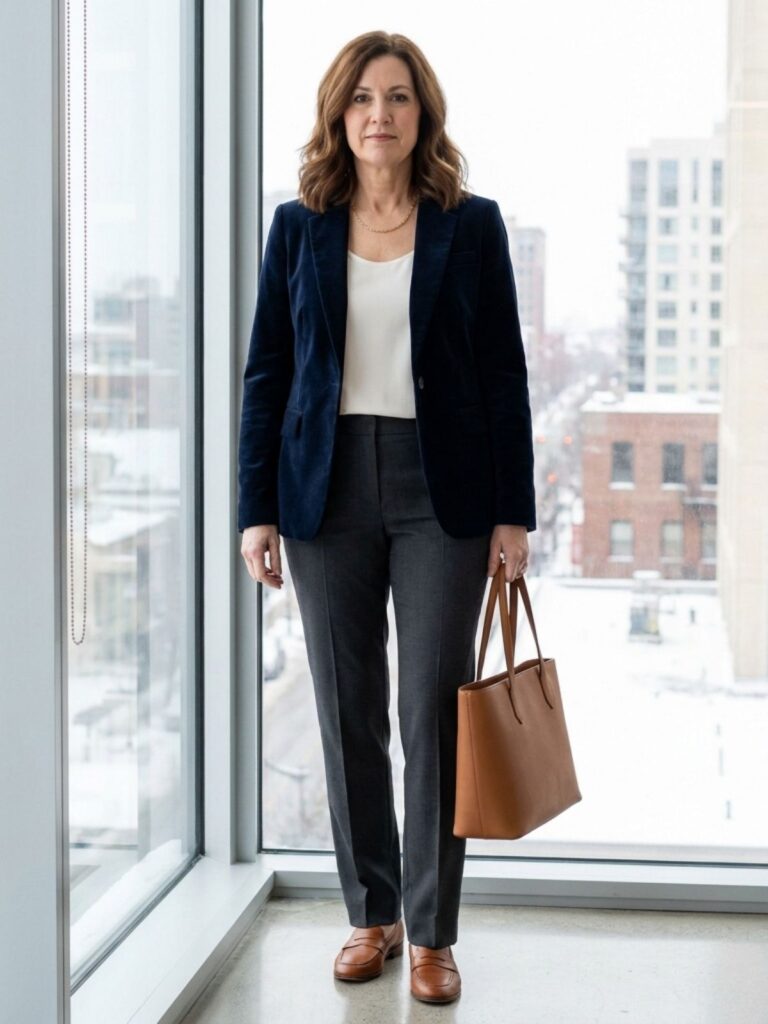 Woman in a navy velvet blazer over an ivory shell with charcoal tailored trousers and loafers