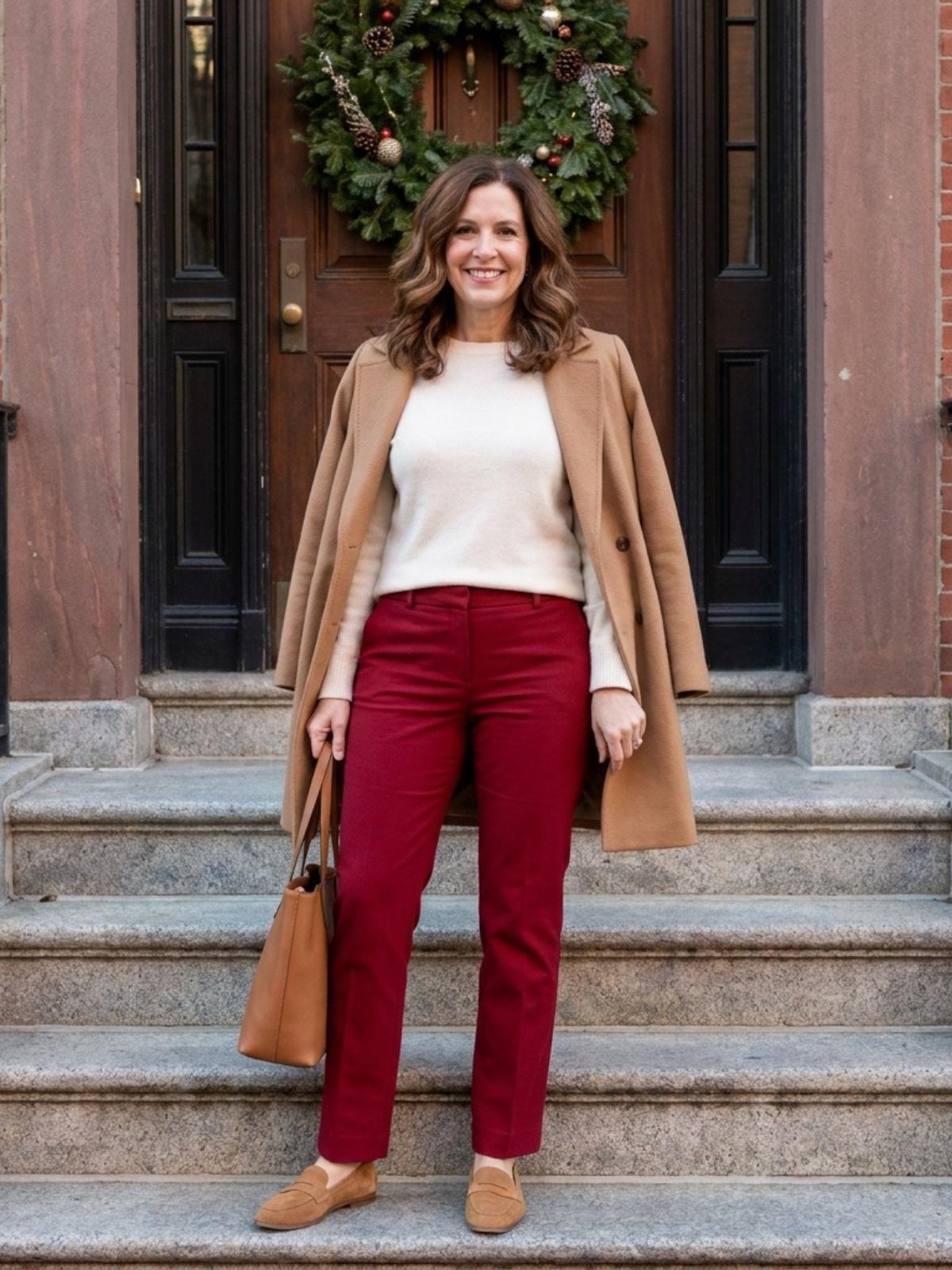 Woman in red straight-leg trousers, an ivory sweater and camel loafers carrying a tan tote