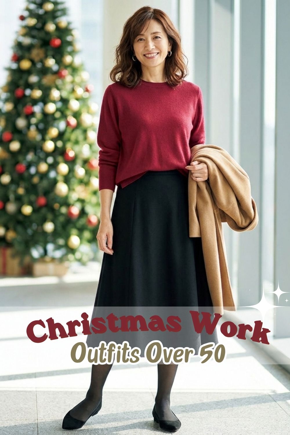 Pinterest pin with the text Christmas Work Outfits Over 50 over a photo of a woman in a red sweater and black midi skirt