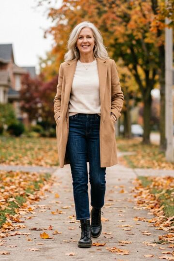 Woman over 50 wearing black combat boots with cropped straight jeans, a cream sweater, and a camel wool coat on a leaf-covered sidewalk.