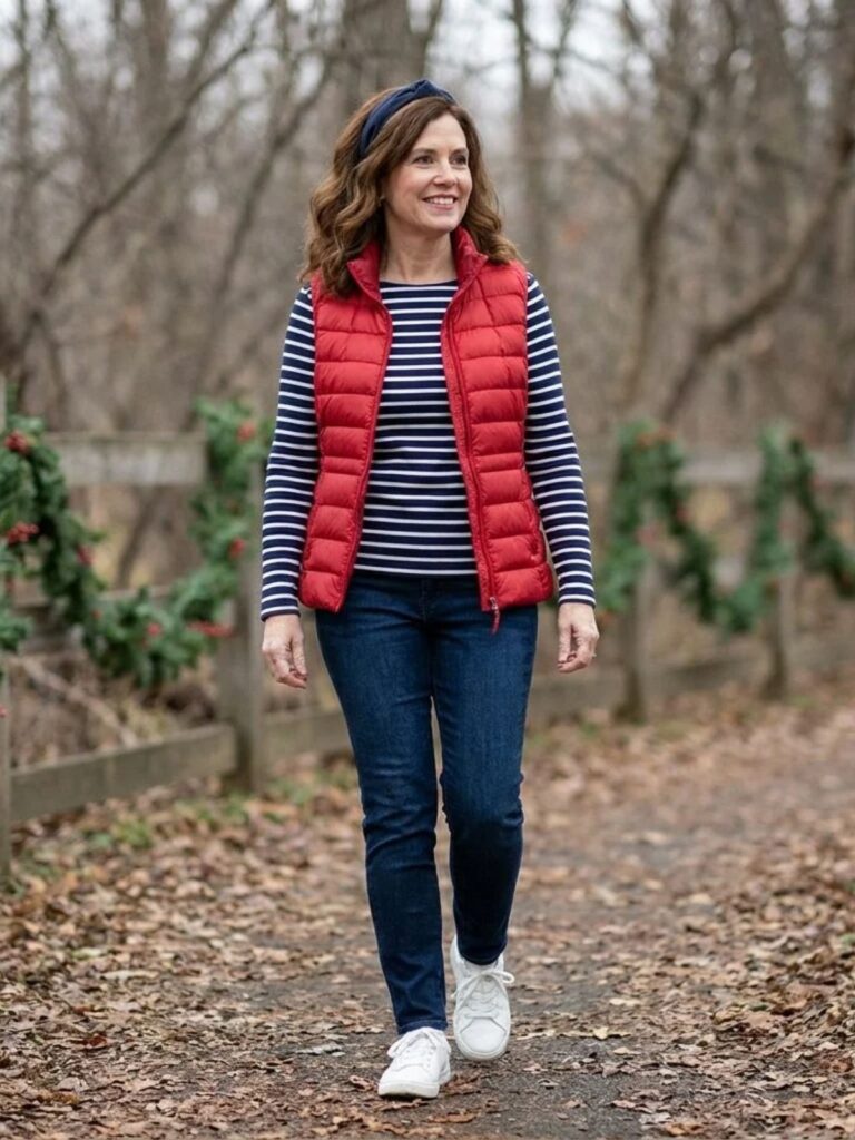 A woman in a red quilted puffer vest over a navy striped long-sleeve tee and dark jeans walks along a tree-lined path on a cloudy day.