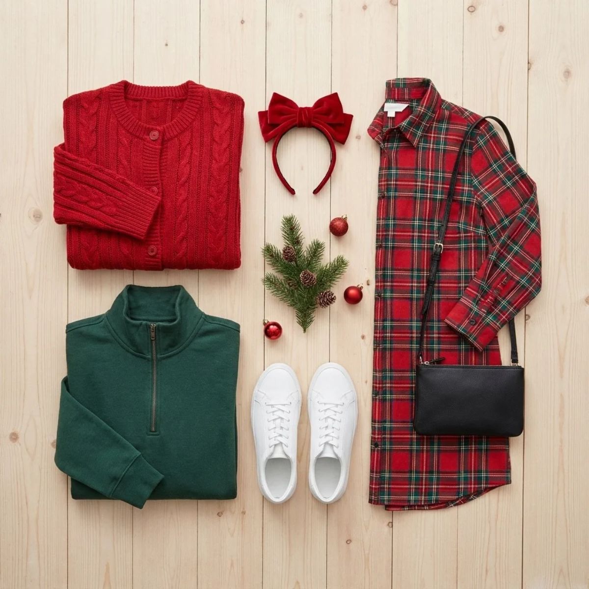 Flat lay of a red cardigan, green quarter-zip, tartan shirt dress, white sneakers, a black crossbody bag, and a red bow headband on pale wood.