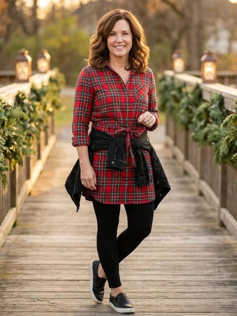 A red-and-green tartan shirt dress over black leggings looks festive and polished, and it moves easily on and off ride vehicles. A knee-length style with a buttoned front and a tie waist suits most body shapes, and the leggings make sitting, climbing, and kneeling for photos worry-free. Choose soft cotton flannel rather than stiff polyester, since flannel breathes in the afternoon and feels warm after dark. As a Disney Christmas dress, tartan is also forgiving, because the pattern hides small spills and the creases from a day in a bag. Wear it with: Black slip-on sneakers or low ankle boots with a cushioned footbed suit the dress. A black denim jacket tied at the waist covers the evening.