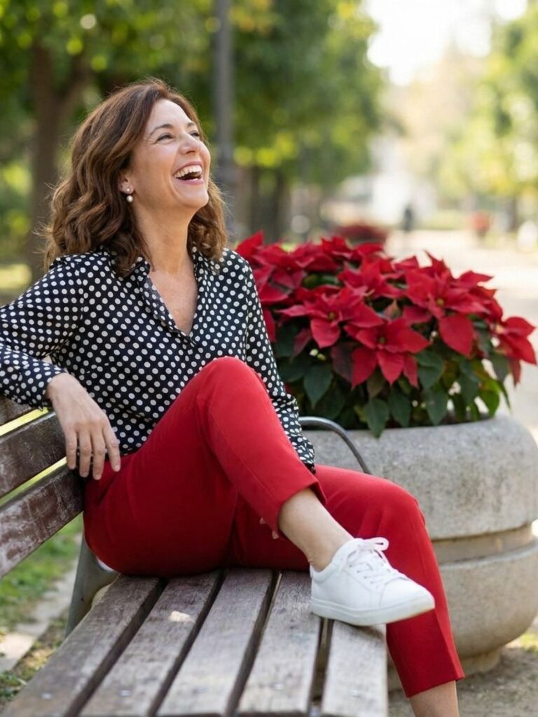 : A woman in a black and white polka dot blouse and red ankle pants laughs on a bench beside a planter of red poinsettias.
