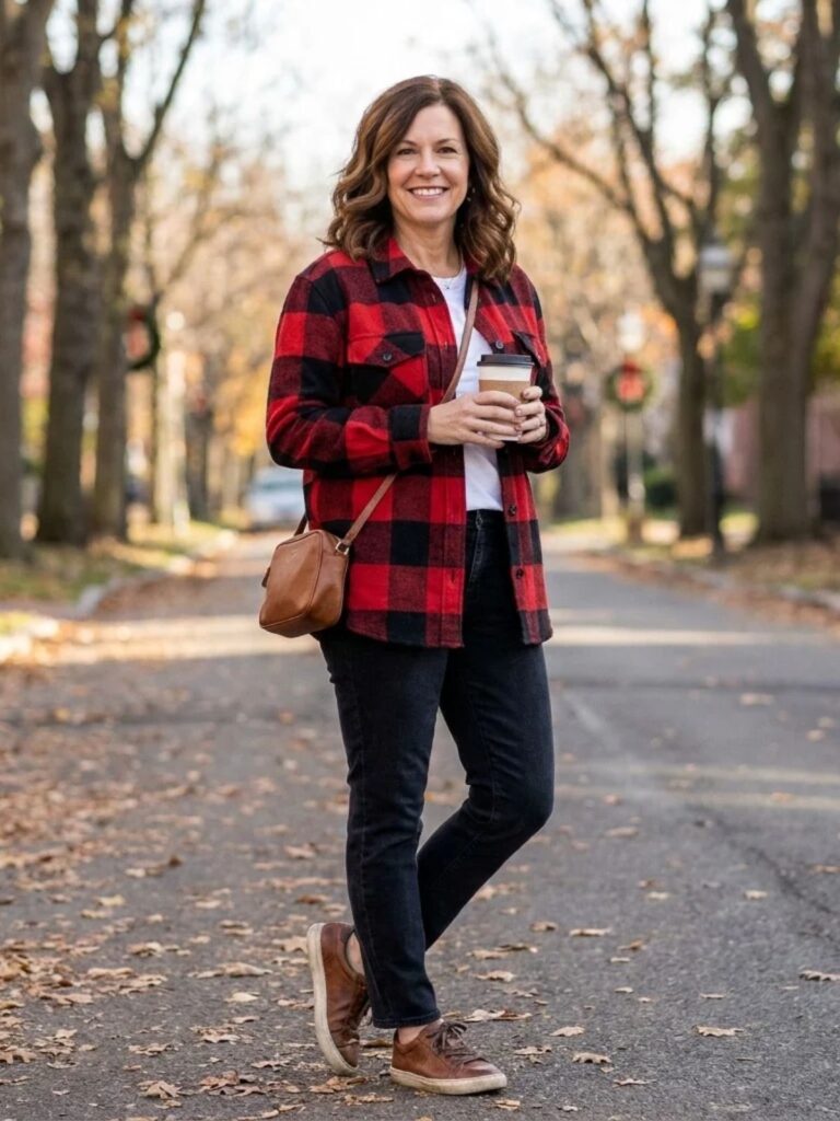 A woman in a red and black buffalo check shacket over a white tee and dark jeans holds a coffee cup on a cool, bright morning.
