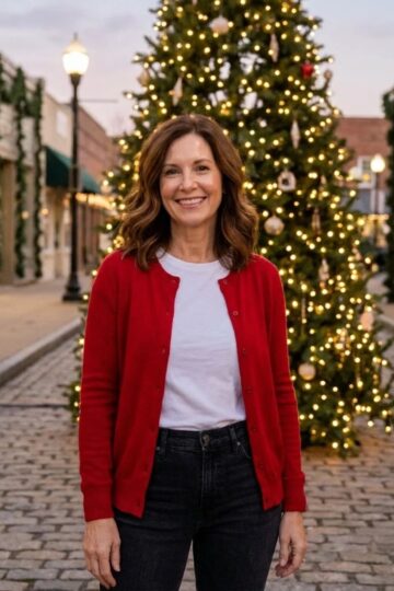 A smiling woman in a red cardigan, white tee, and dark jeans stands in front of a tall lit Christmas tree on a garland-lined street at dusk