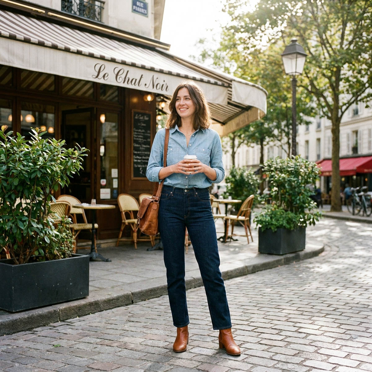 Woman in an olive green utility jacket, navy and white striped tee, and mid-wash jeans, holding a coffee cup and canvas tote bag on a city sidewalk.