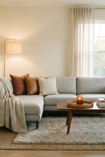 A modern gray sectional styled for fall with rust and camel pillow covers, an oatmeal wool throw, and a layered rug.