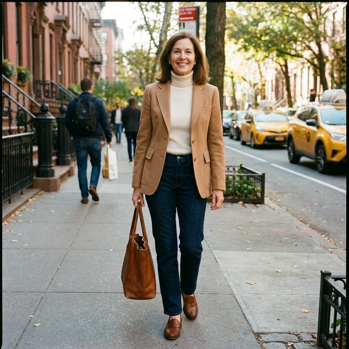 A woman walking down a tree-lined city street in a camel blazer over a cream turtleneck, dark straight-leg jeans, and brown leather penny loafers, carrying a tan leather tote.