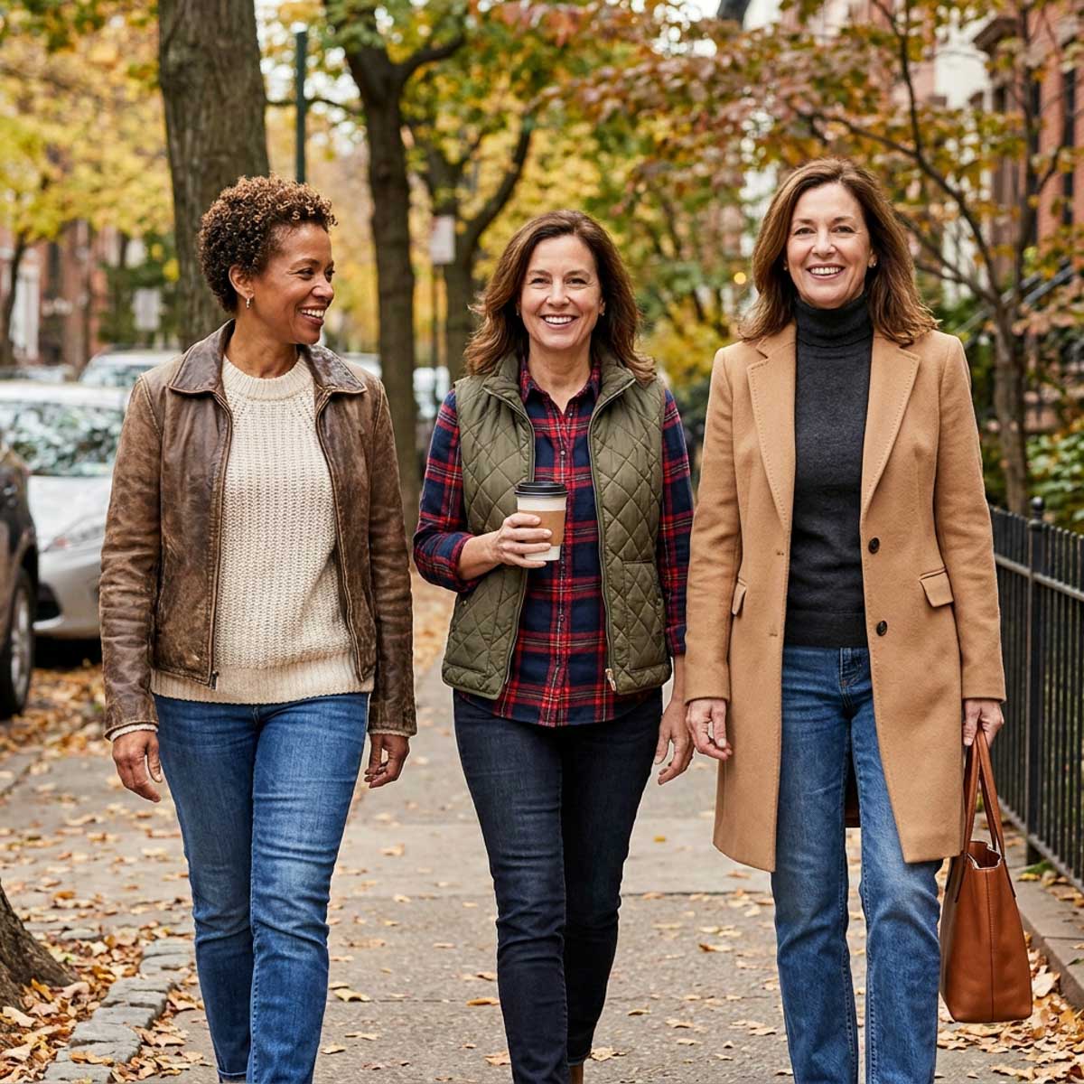 Three women in different fall outerwear paired with jeans and ankle boots: a brown leather jacket over a cream sweater, an olive quilted vest over a plaid flannel shirt, and a camel wool coat over a charcoal turtleneck.