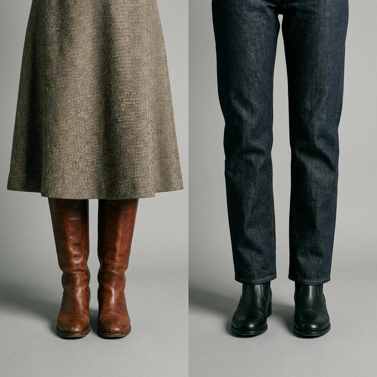 Side-by-side comparison of knee-high boots with a midi skirt and ankle boots with straight-leg denim.