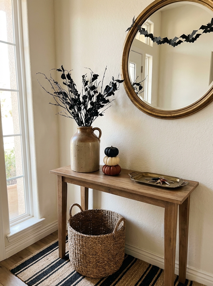 An entryway console with a jug of black dried branches, a stack of three pumpkins, and a brass tray under a round mirror trimmed with a small paper bat garland.