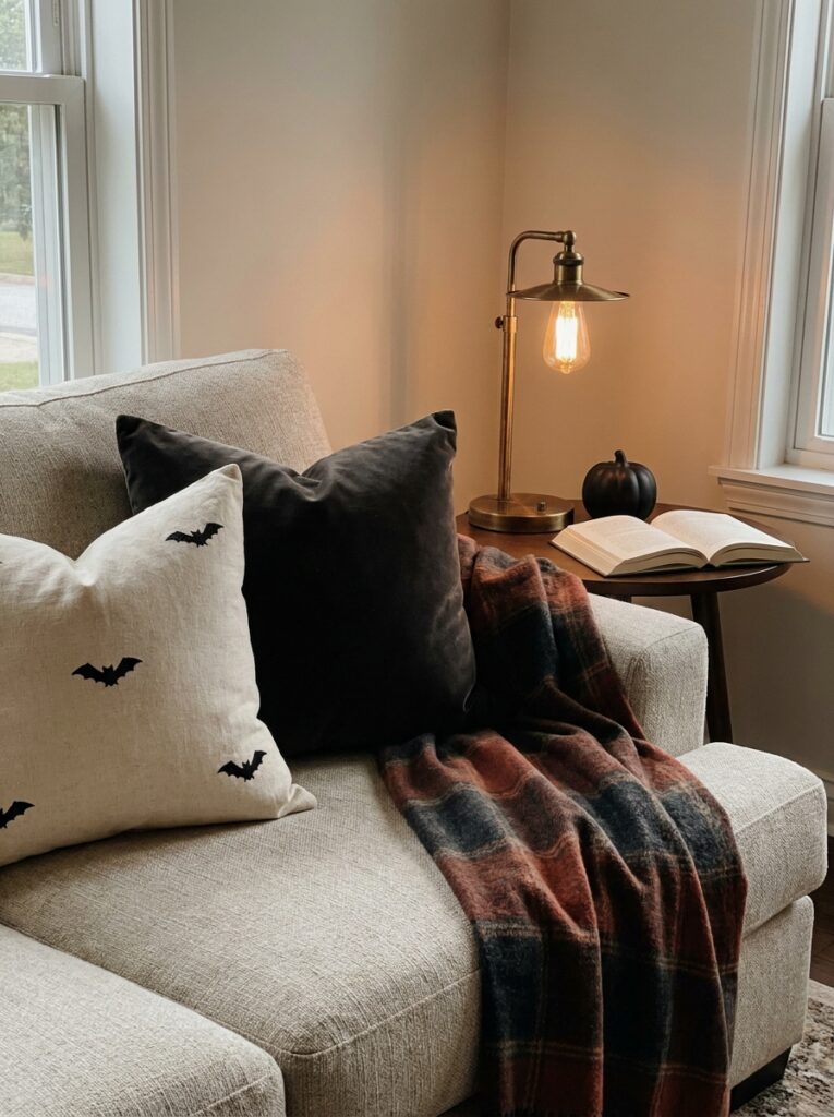 A linen sofa corner with bat-embroidered cream pillows, a charcoal velvet pillow, a plaid throw, and a side table holding a brass lamp and a small black ceramic pumpkin.
