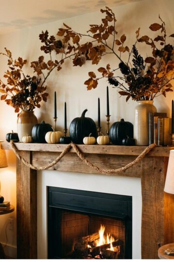 A living room styled with Halloween home decor indoor ideas: a mantel lined with black and cream pumpkins, tapered black candles, dried branches, and a warm amber glow from table lamps.