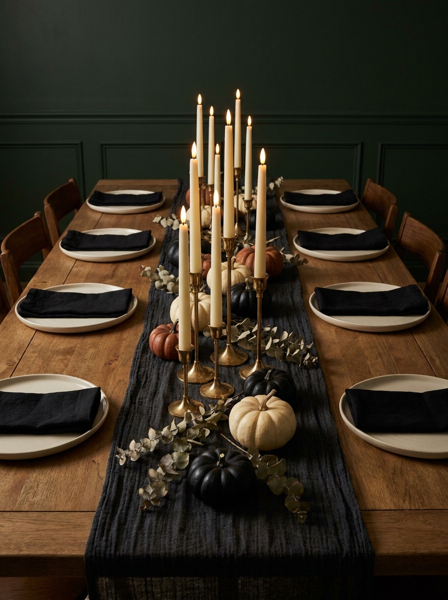 A long wooden dining table with a low charcoal runner of small black, cream, and rust pumpkins, flameless taper candles, and dried eucalyptus between cream place settings.