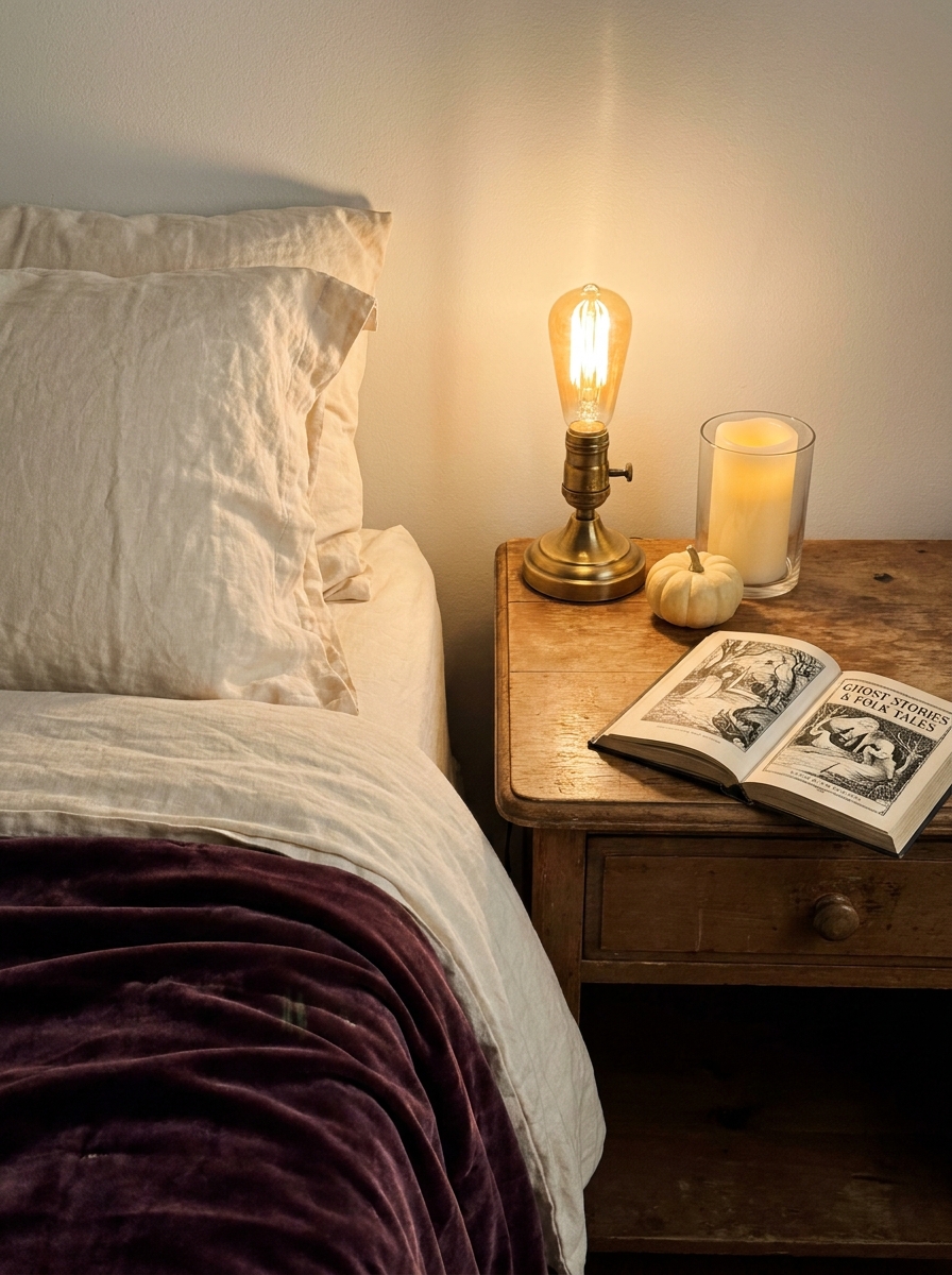 A bedside nightstand with a brass lamp, a flameless candle, a small cream pumpkin, and a vintage book beside a bed with a deep plum velvet throw.
