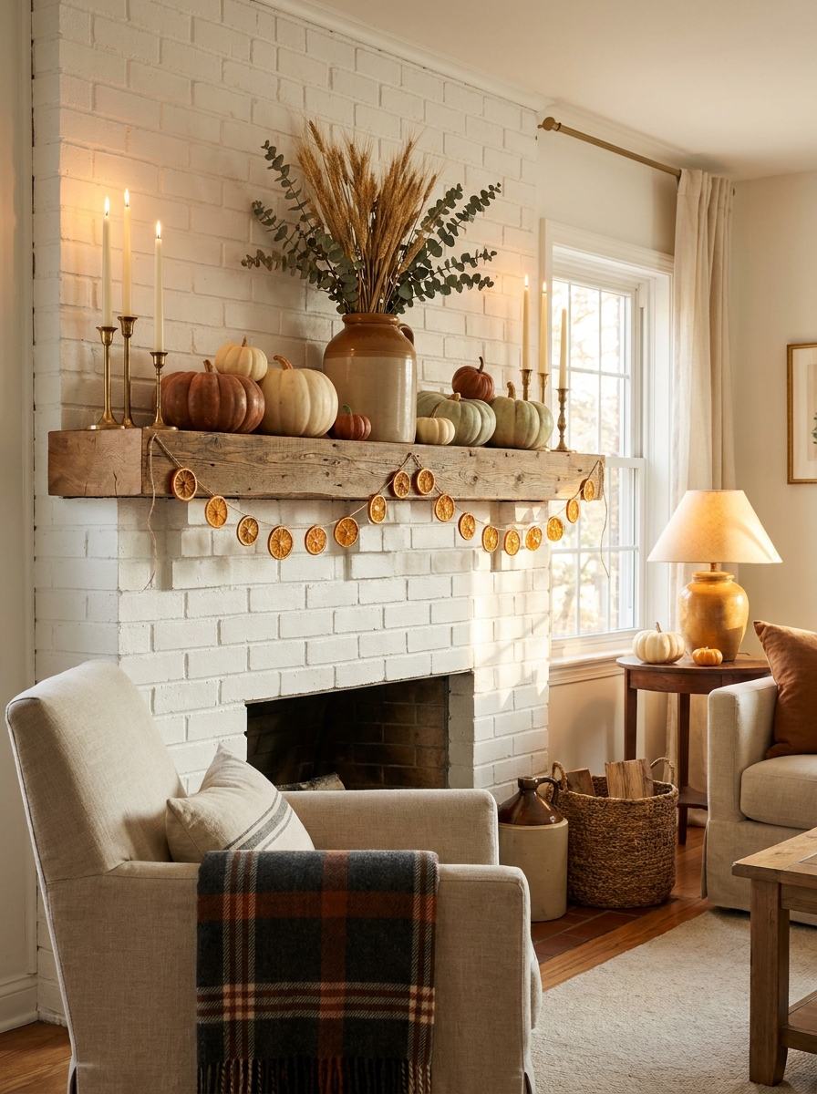A fireplace mantel styled for Thanksgiving with cream, rust, and pale green pumpkins, ivory taper candles in brass holders, dried wheat, and a dried orange slice garland.