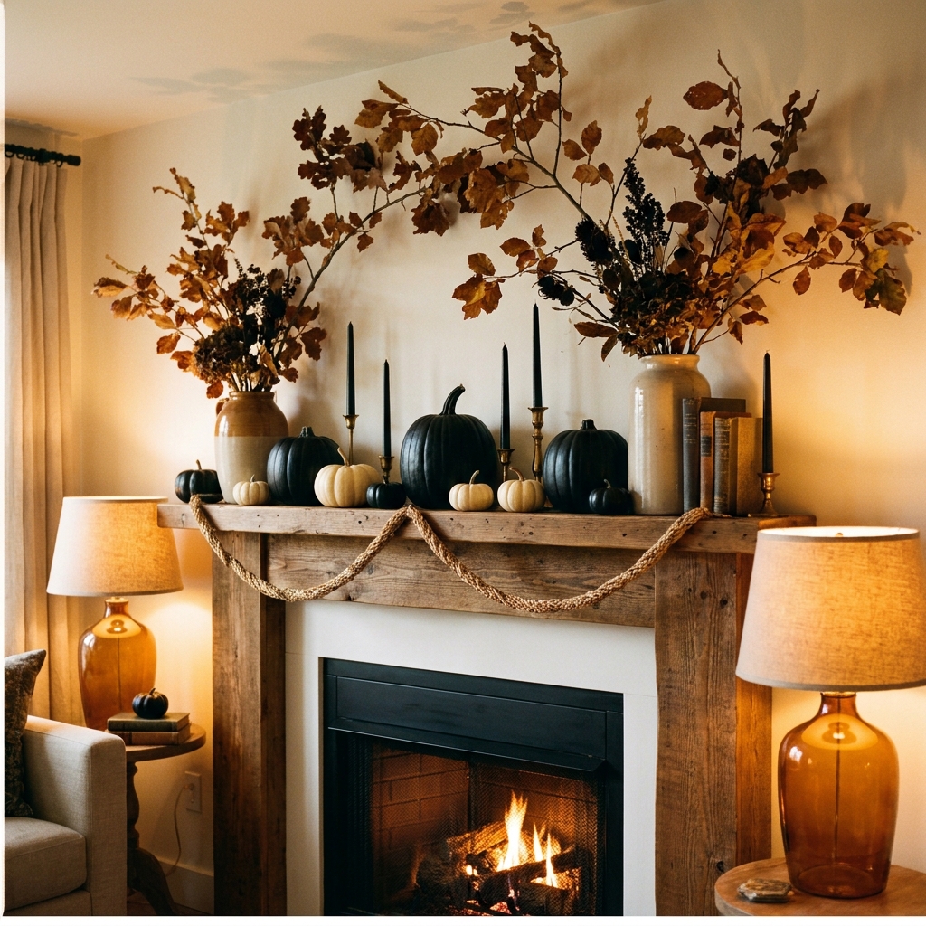 A living room styled with Halloween home decor indoor ideas: a mantel lined with black and cream pumpkins, tapered black candles, dried branches, and a warm amber glow from table lamps.