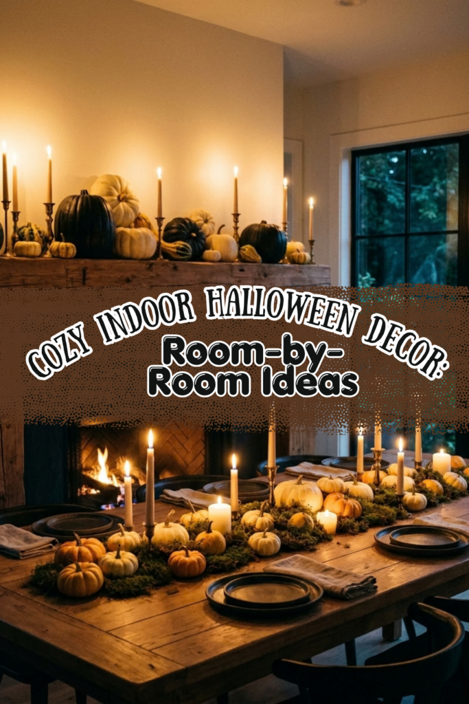 Pinterest pin titled Cozy Indoor Halloween Decor, Room-by-Room Ideas, showing a mantel with black and cream pumpkins and taper candles above a candlelit dining table with a low pumpkin runner.