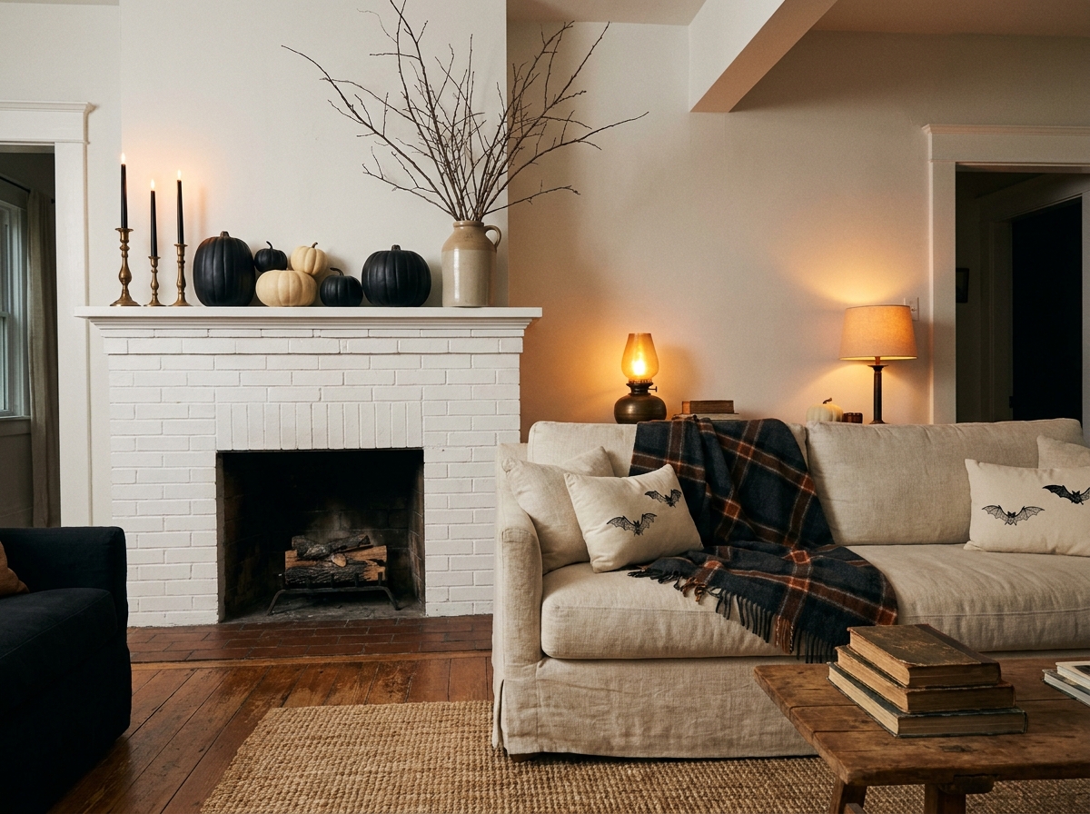 A living room styled with Halloween home decor indoor ideas: a mantel lined with black and cream pumpkins, tapered black candles, dried branches, and a warm amber glow from table lamps.