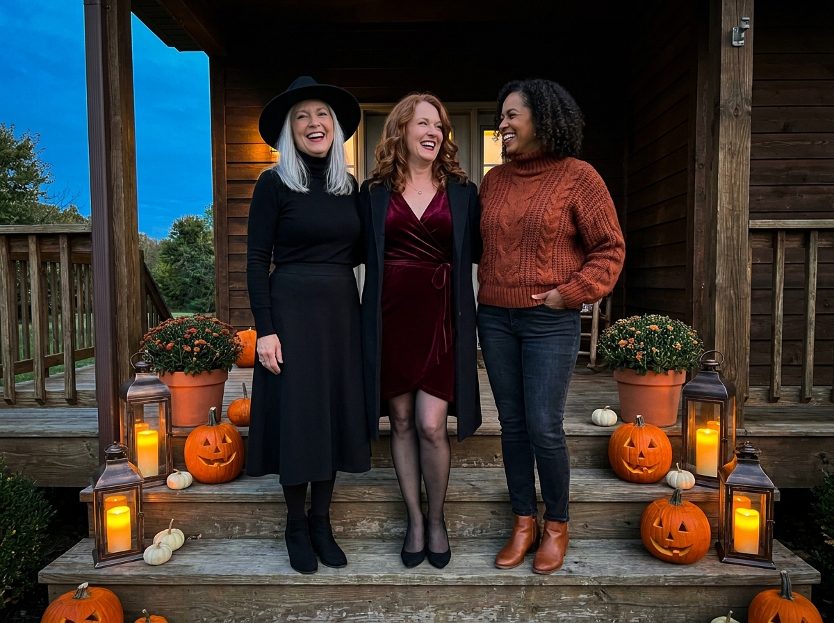 Three women in Halloween outfits for women over 50 on a porch at dusk, one in a black felt witch hat, one in a burgundy velvet dress, and one in a rust sweater, surrounded by pumpkins and glowing lanterns.