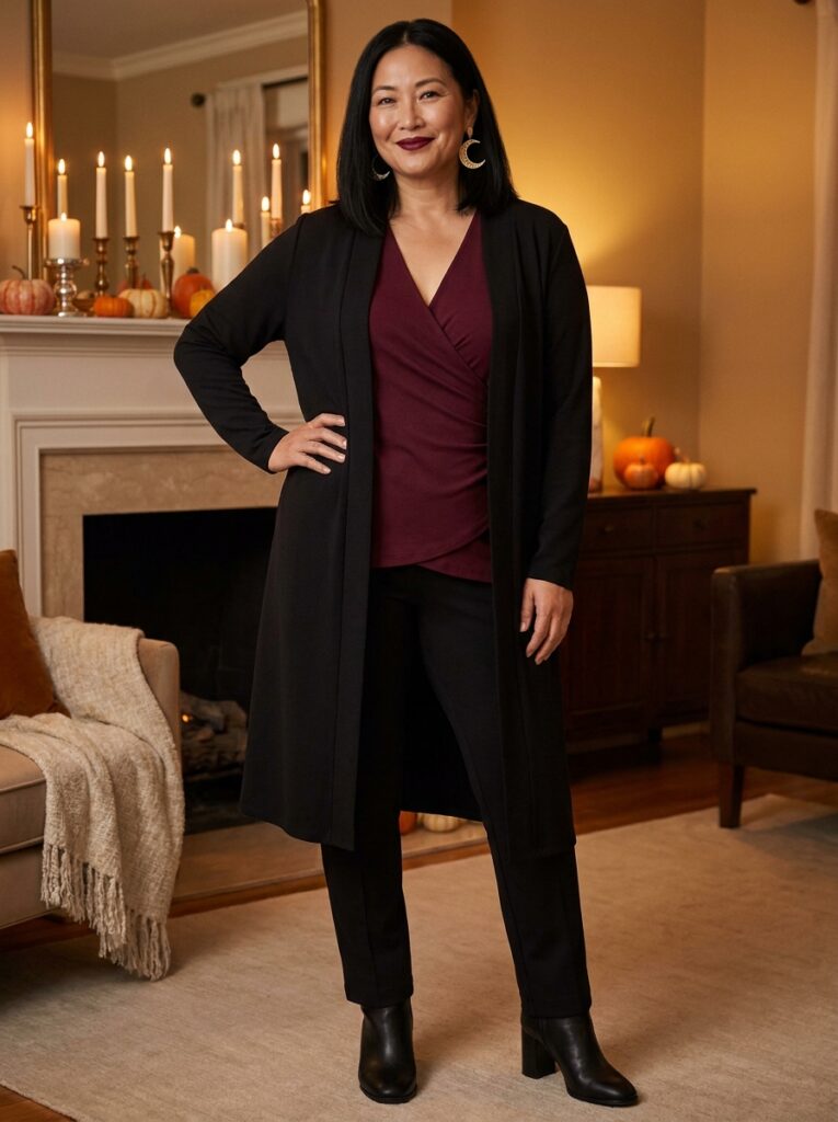 A plus-size woman wears a longline black cardigan over a burgundy wrap top, black ponte pants, ankle boots, and gold moon earrings in a candlelit living room.