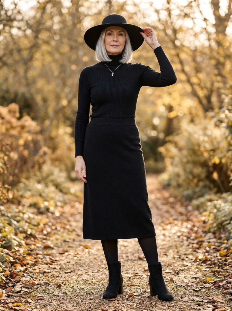  A woman with a silver bob wears a black turtleneck, black midi skirt, black tights, ankle boots, and a wide-brim felt hat on a leaf-covered garden path.