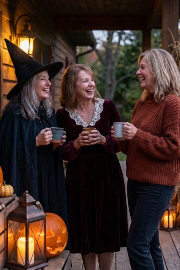 Three women in Halloween outfits for women over 50 on a porch at dusk, one in a black felt witch hat, one in a burgundy velvet dress, and one in a rust sweater, surrounded by pumpkins and glowing lanterns.