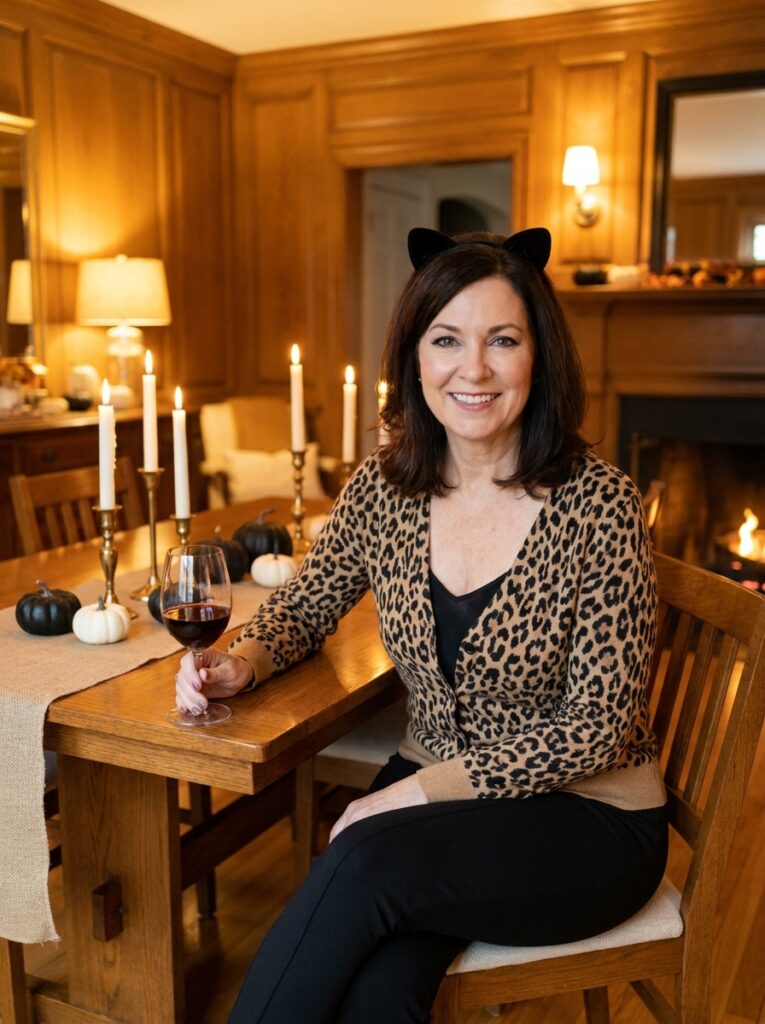 A woman in a leopard-print cardigan, black ponte pants, and a headband with small velvet cat ears smiles at a candlelit table set with small pumpkins.