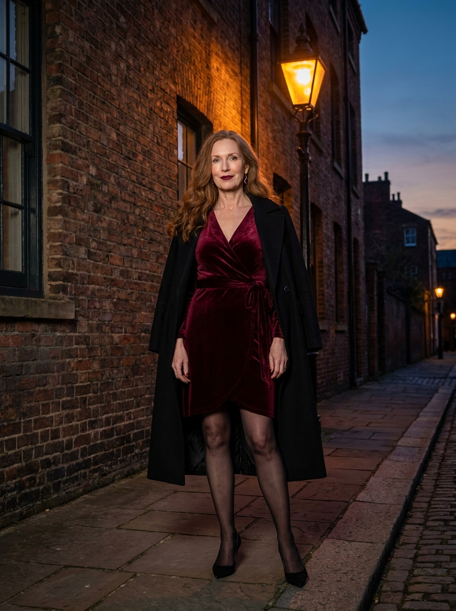 A woman with auburn hair wears a burgundy velvet wrap dress, sheer black tights, black pumps, and a long black coat beside a street lamp at twilight.