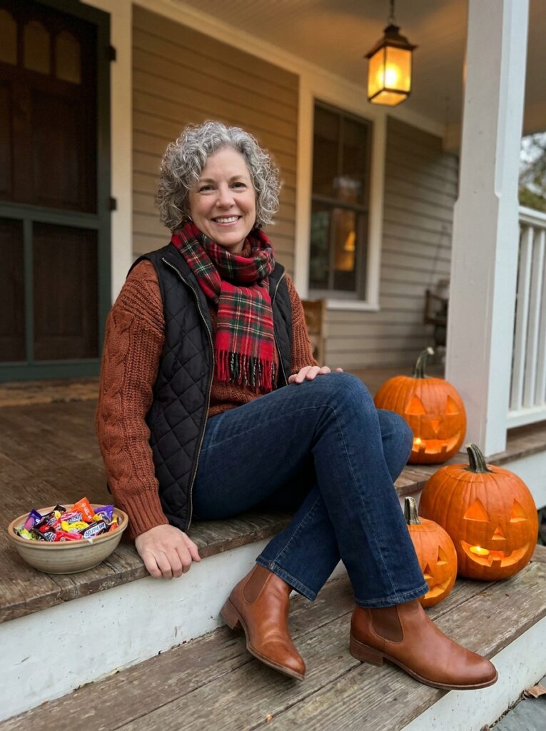  A woman with short curly gray hair in a rust cable-knit sweater, dark jeans, ankle boots, and a quilted vest sits on a porch step with a candy bowl and carved pumpkins.