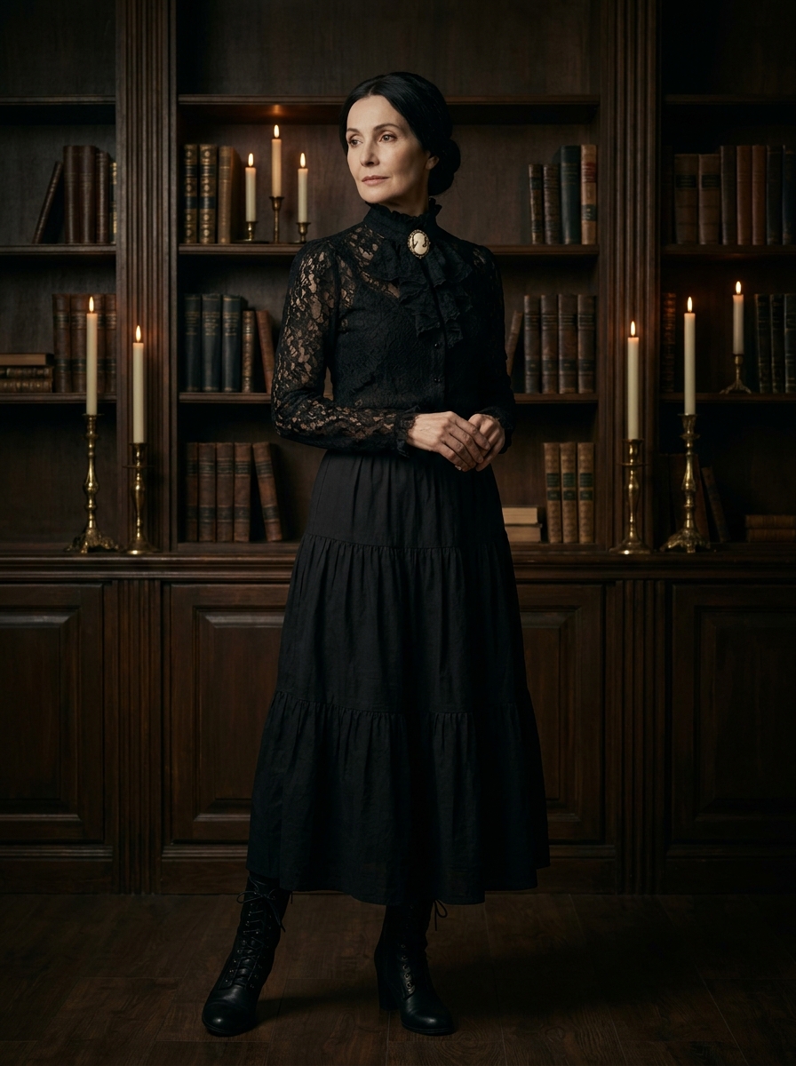 A woman with a dark chignon wears a high-neck black lace blouse, a long black tiered skirt, and a cameo brooch in a candlelit library.