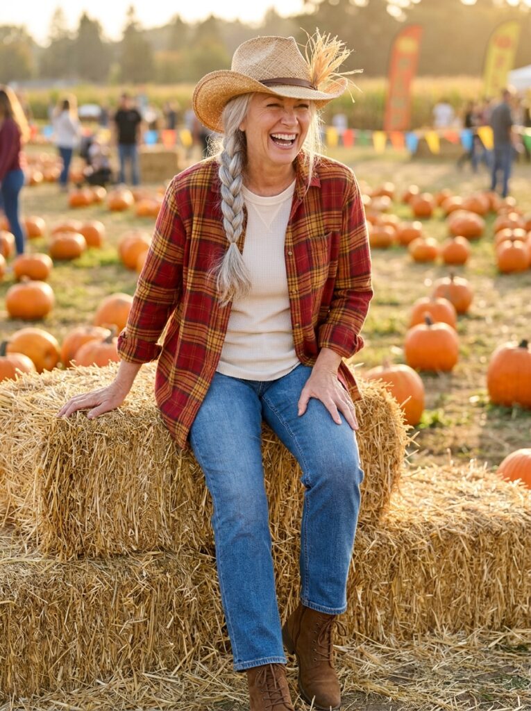  A woman with a long gray braid wears a plaid flannel over a cream thermal, jeans, suede boots, and a straw hat with raffia beside hay bales at a pumpkin patch.