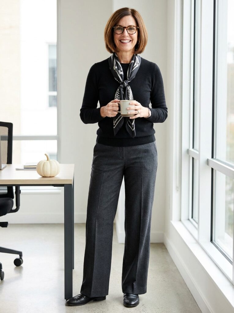 A woman in glasses wears charcoal trousers, a black sweater, loafers, and a black and white skeleton-print silk scarf in a bright office.