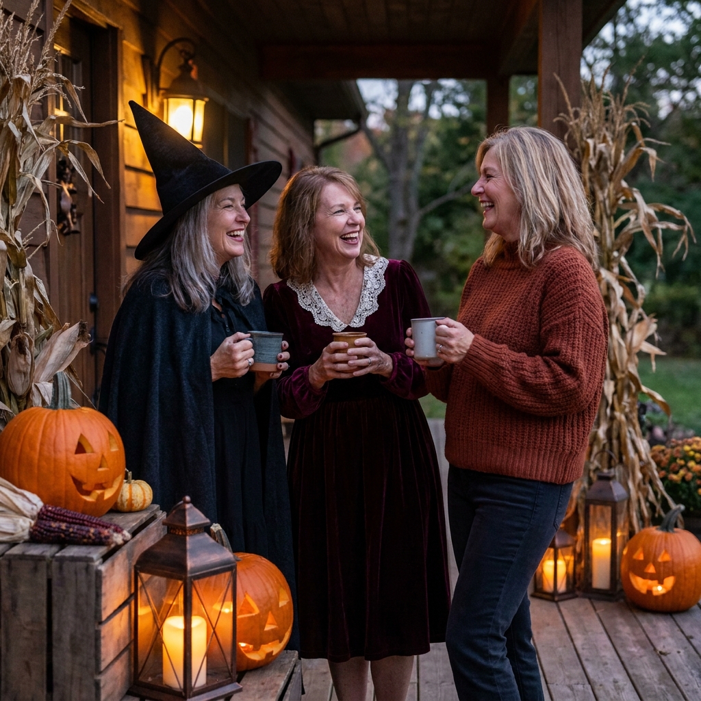 Three women in Halloween outfits for women over 50 on a porch at dusk, one in a black felt witch hat, one in a burgundy velvet dress, and one in a rust sweater, surrounded by pumpkins and glowing lanterns.