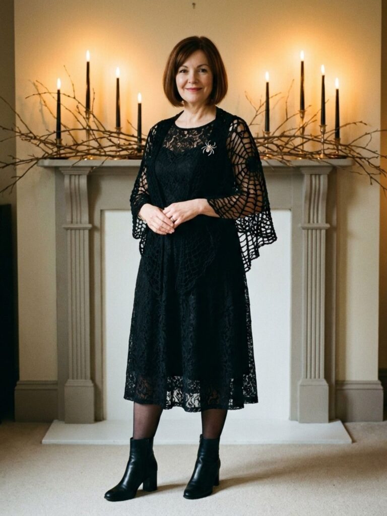 Woman in a black lace midi dress with a web-patterned shawl and silver spider brooch in front of a candlelit mantel.